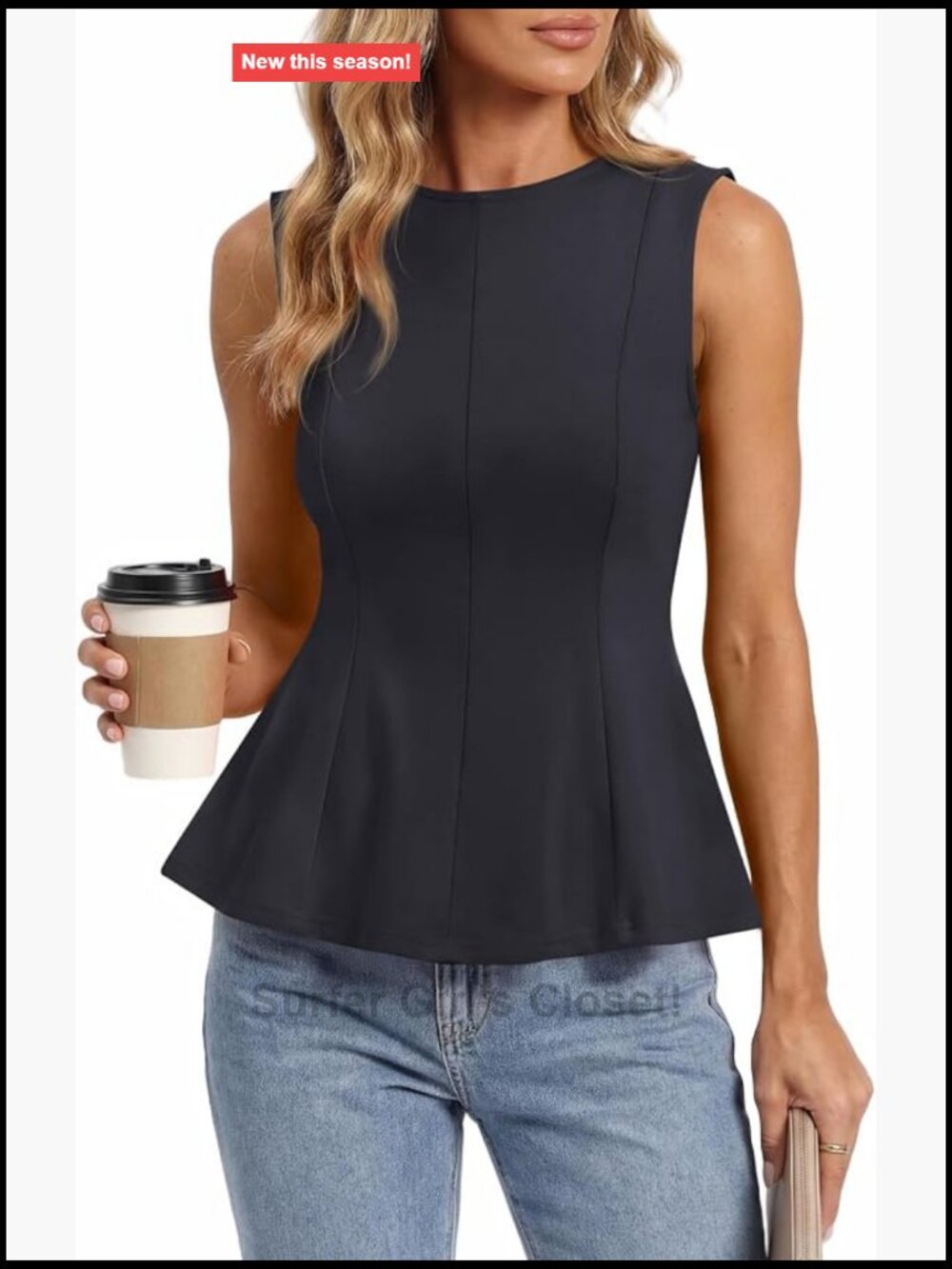 Sleeveless Peplum Tank Top, Lightweight Stretch Cotton Blend, Crew Neck,